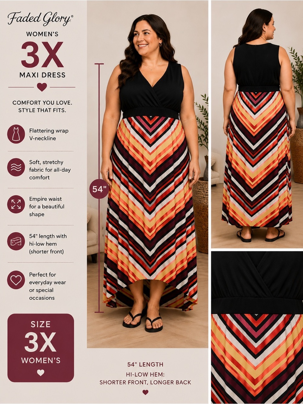 Faded Glory Black Bodice Chevron Midi Dress Multicolor 3X Pit 22”
Length 55”